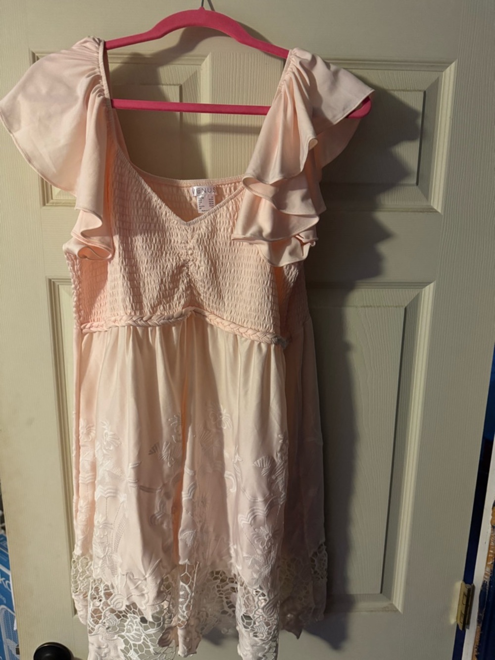 VENUS Light Blush Smocked V-Neck Flutter Sleeve Tunic